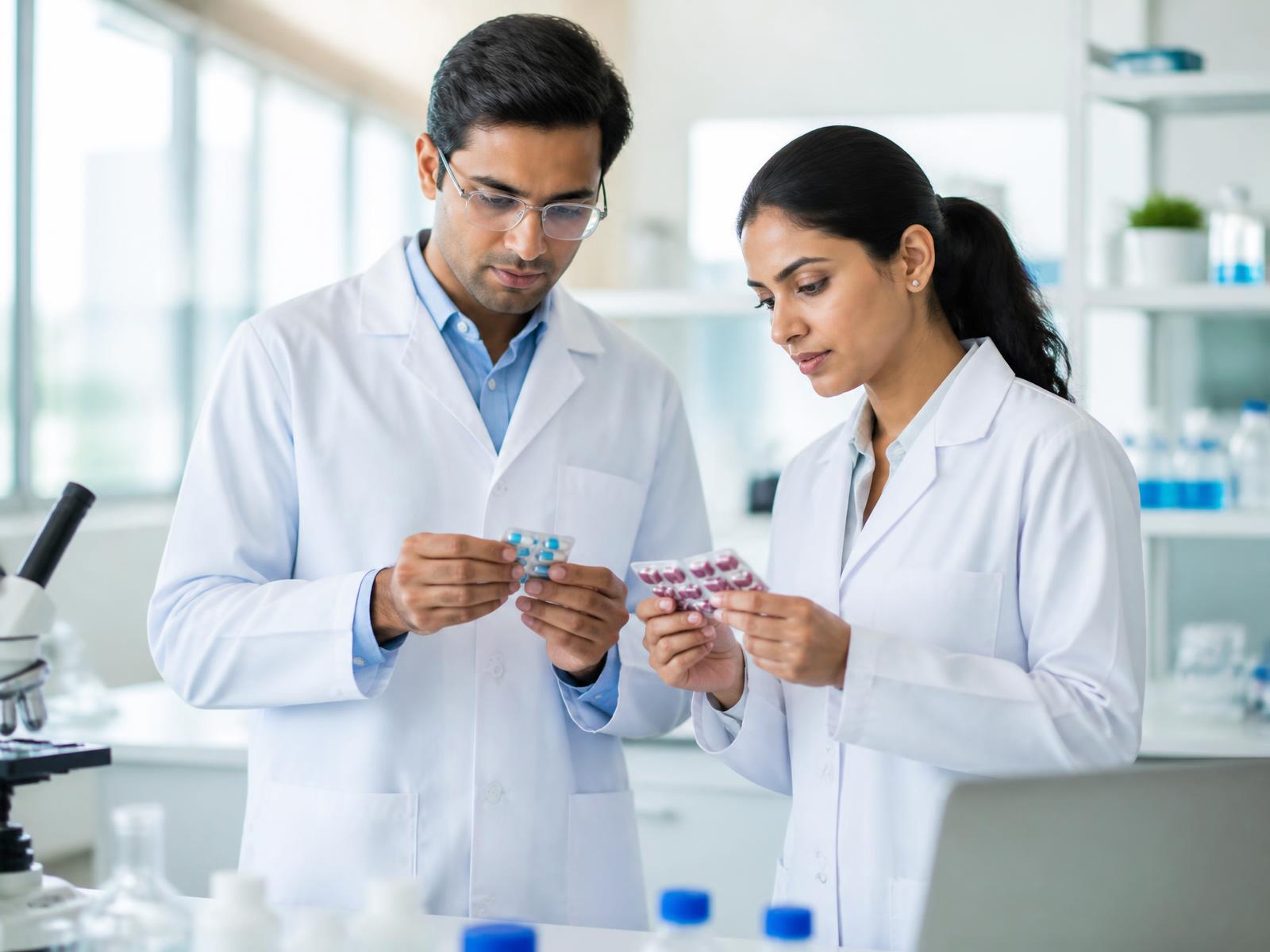 Pharmaceutical scientists inspecting medicine blister packs in a modern Indian laboratory