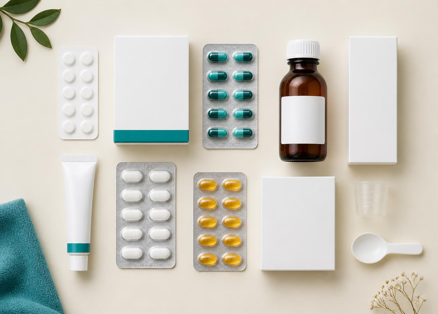 Tablets, capsules, syrup bottle and ointment tube arranged neatly