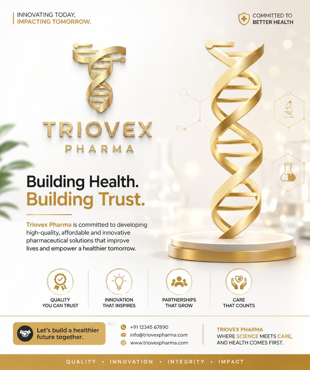Triovex Pharma poster with gold DNA helix — Building Health. Building Trust.