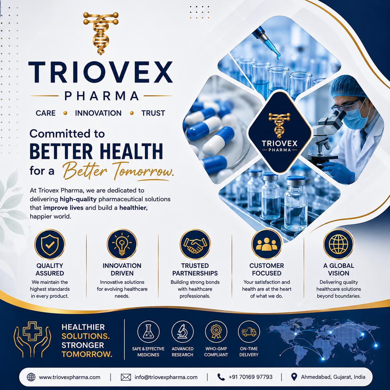 Triovex Pharma flyer — committed to better health for a better tomorrow, Ahmedabad