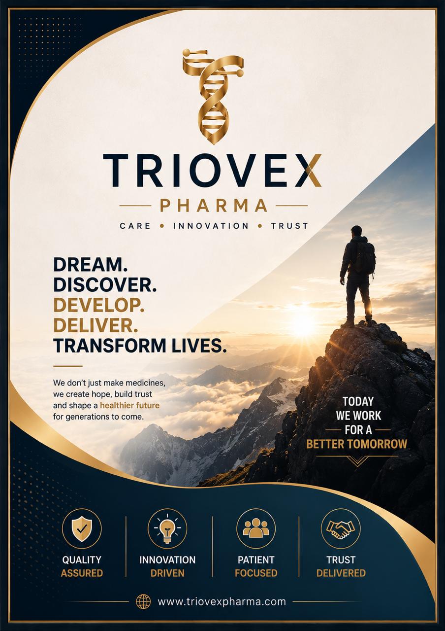 Triovex Pharma mission poster — Dream. Discover. Develop. Deliver. Transform Lives.