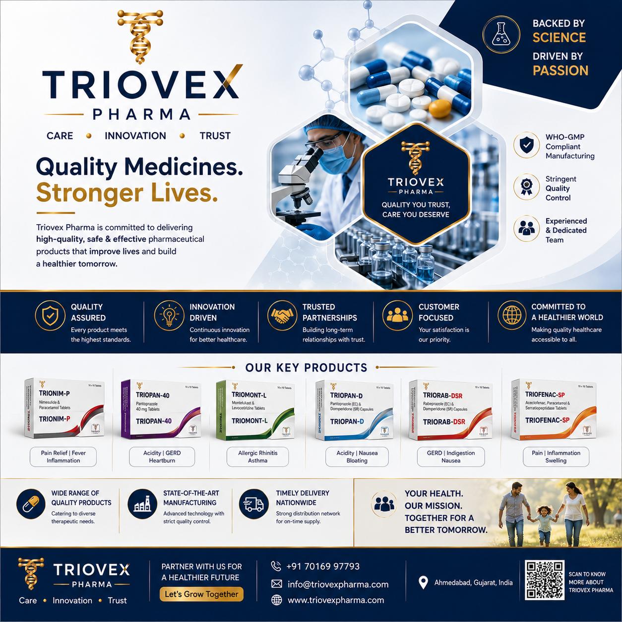 Triovex Pharma key products flyer — TRIONIM-P, TRIOPAN-40, TRIOMONT-L and more