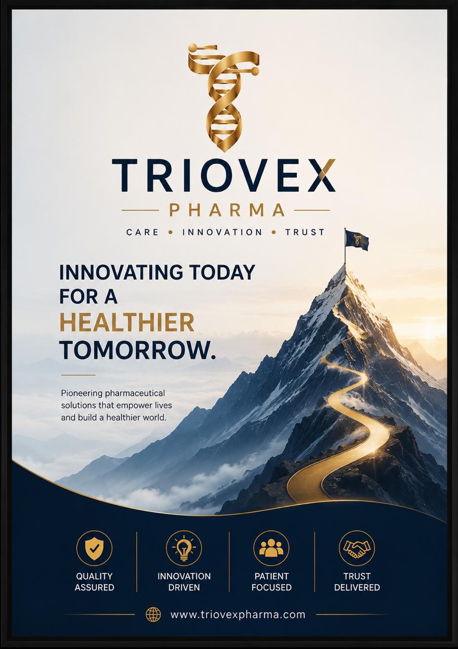 Triovex Pharma aspirational poster with mountain path — healthier tomorrow