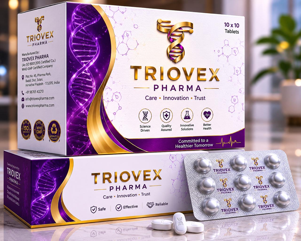 Triovex Pharma product packaging mockup with carton, blister pack and tablets
