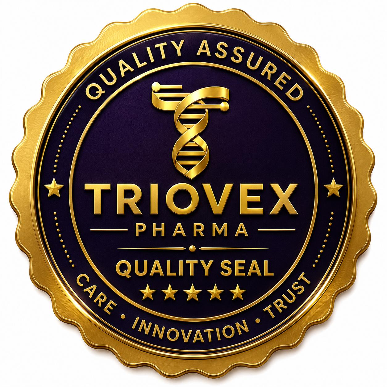 Triovex Pharma quality assured seal — Care · Innovation · Trust