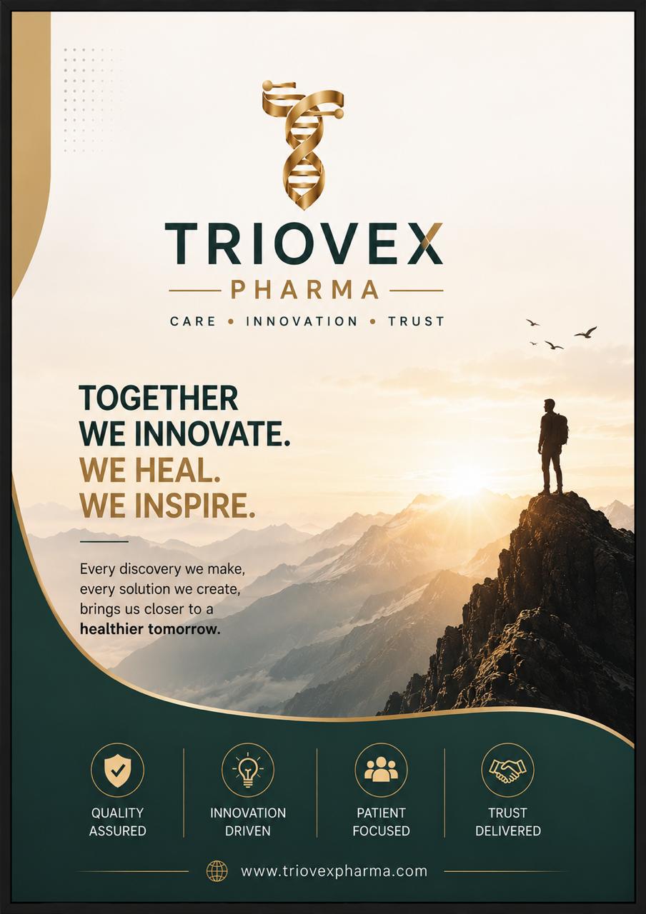 Triovex Pharma inspirational poster — Together We Innovate. We Heal. We Inspire.